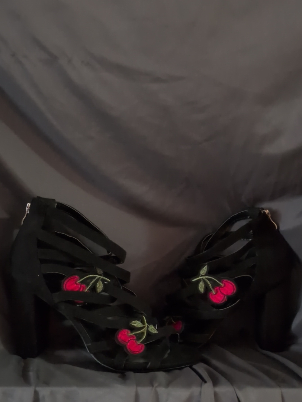 Riverdale Black Strappy Heeled Sandals with Cherry Embroidery
